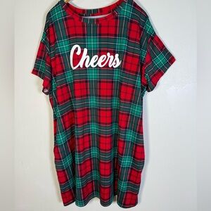 Joyspun Christmas Cheers Plaid Nightgown Red Green 2X/3X Pockets Shirt Dress PJs